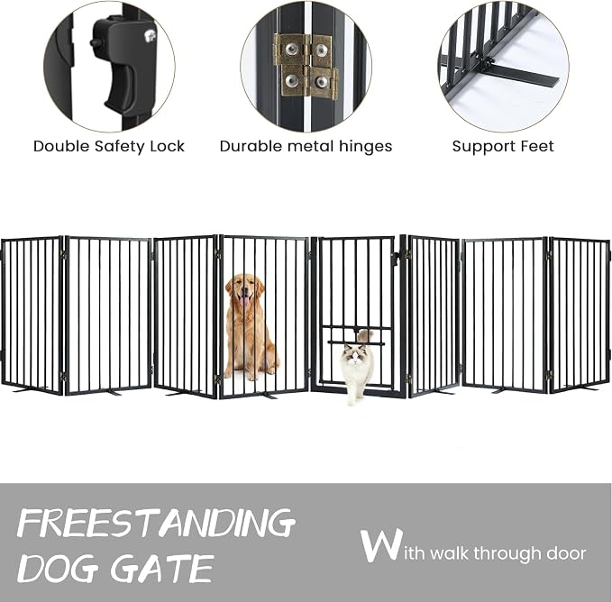 Metal Freestanding Dog Gate with Cat Door for Outdoor & Indoor,34" Tall Foldable Pet Fence,160" Extra Wide Dog Gate for RV Camping,Stairs,Hallways,Doorways,Deck,Yard,with 7PCS Support(8 Panels,Black)