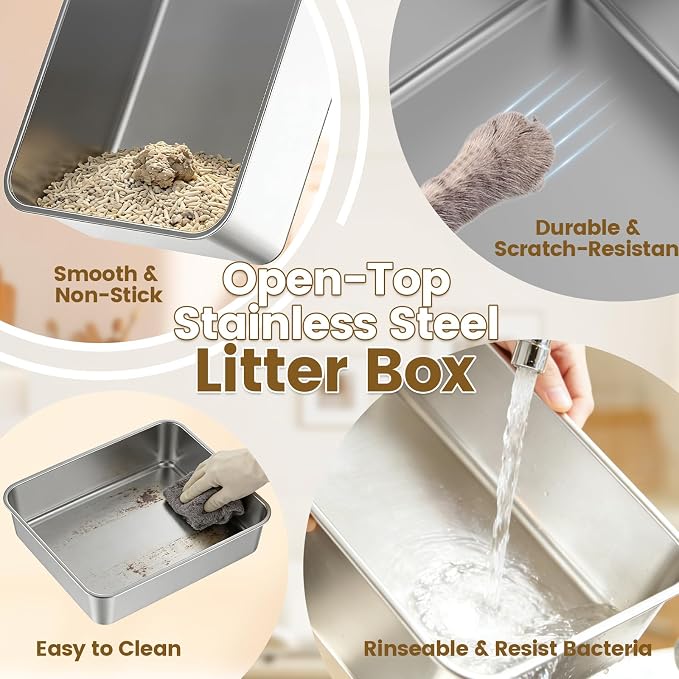 Stainless Steel Cat Litter Box, 11.8" High Sides for Litter Scatter & Urine Spray Control, Easy to Clean Non-Stick Litter Pan, Low Entry for Kittens, Small Cats, Compact Space-Saving Design
