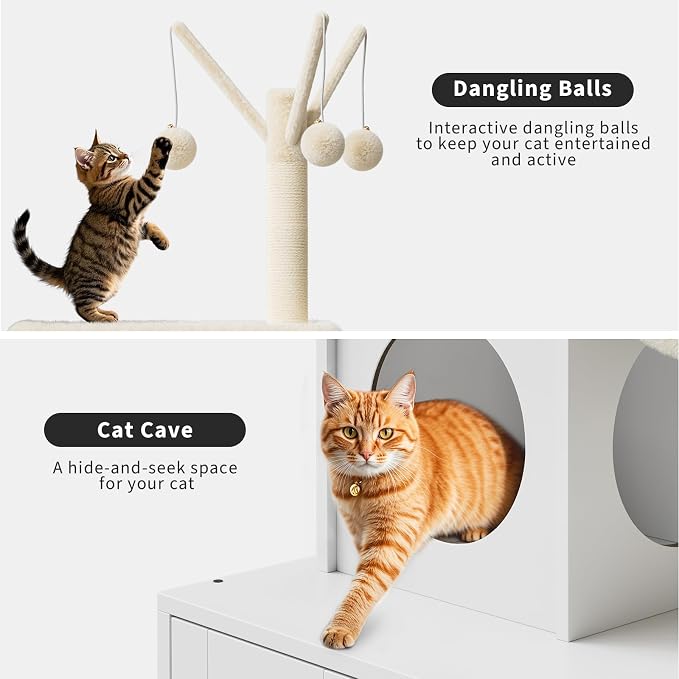 Litter Box Enclosure with Cat Tree Tower and Condo Brush Post and Passage Hidden Cat Washroom Furniture with Sisal Scratching Post & Soft Plush Perch Wooden Cat Furniture with Multiple Platforms