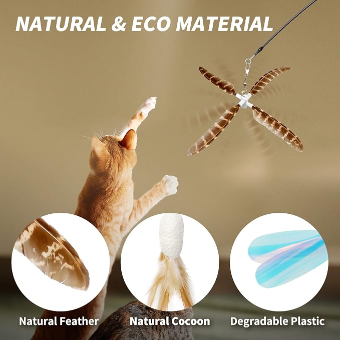 uahpet Natural Feather Cat Toys for Indoor Cats Retractable Cat Wand 60inch Safe Hunting Distance Interactive Toys for Kittens with 8Pcs Different Senses Replacement Teasers