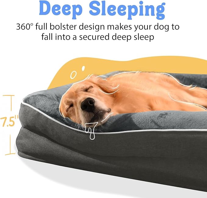 Chez Paw XXL Orthopedic Dog Bed for Extra Large Dogs, Extra Thick Egg-Crate Foam Waterproof Pet Couch with Removable Washable Cover, 4-Sided Bolster & Non-Slip Bottom, Grey 45"x35"x7.5"