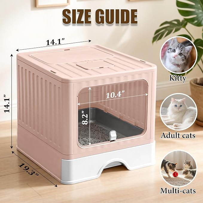 Stainless Steel Cat Litter Box With Lid, Top & Front Entry Enclosed Metal Litter Box, Large Covered Drawer Type Foldable Cat Litter Pan With Litter Scoop & Mat, Easy to Clean,Odor Control (Pink)