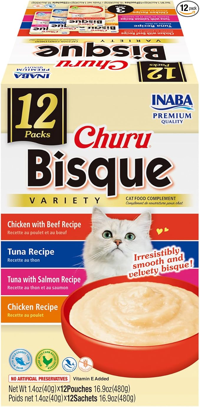 INABA Churu Bisque for Cats, Creamy Lickable Purée Side Dish with Vitamin E, 1.4 Ounces per Pouch, 12 Pouches, Tuna & Chicken Variety