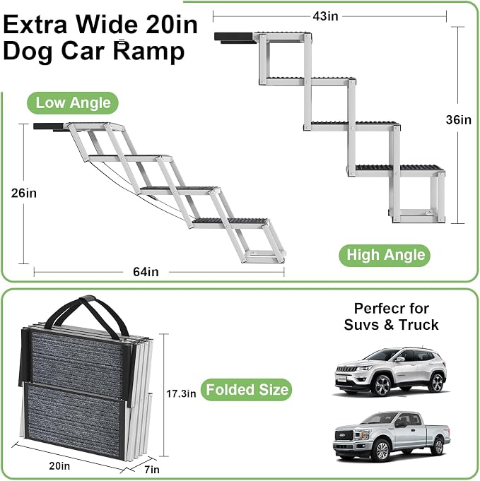 Dog Stairs for Large Dogs, 20" Extra Wide Folding Dog Ramp for Car SUV Truck, Lightweight Dog Steps with Non-Slip Surface & Aluminum Frame, Portable Pet Stairs Supports up to 250 lbs, 4 Steps