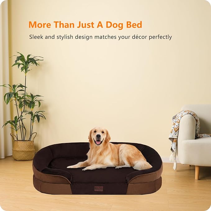Dwanton Orthopedic Dog Bed for Large Dogs with Gel Memory Foam, Waterproof Dog Sofa, Washable Pet Bed with Four Sided Bolster Cushion, Removable Cover & Non-Slip Bottom, 42", Brown