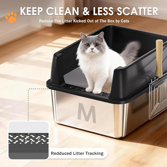 Stainless Steel Litter Box, 17.4'' x 13.5'' x 8.5'' Metal Kitty Litter Box for Small Cats Kitten High Sided Litter Boxs with Scoop Open Top Low Entry Easy to Clean Non-Sticky Anti-Leakage