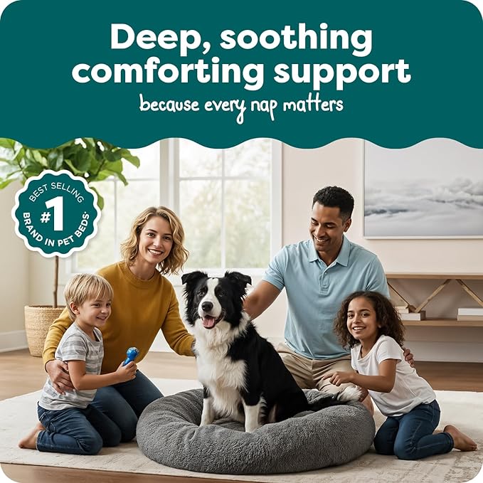 Furhaven 36" Round Calming Donut Dog Bed for Large/Medium Dogs, Refillable w/ Removable Washable Cover, For Dogs Up to 75 lbs - Shaggy Plush Long Faux Fur Donut Bed - Gray, Large