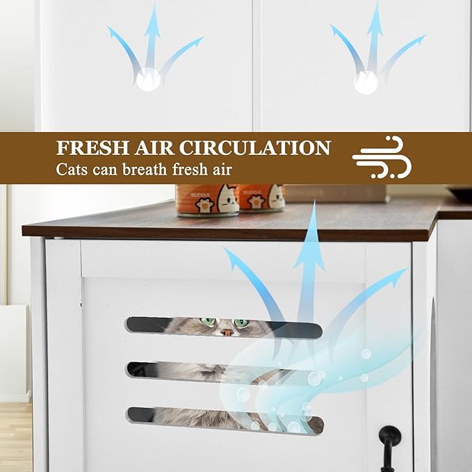 Corner Litter Box Enclosure for 2 Cats, 31.5in Hidden Litter Box Furniture, Litter Box Cabinet with Double Room, Indoor Cat House End Table, Retro White
