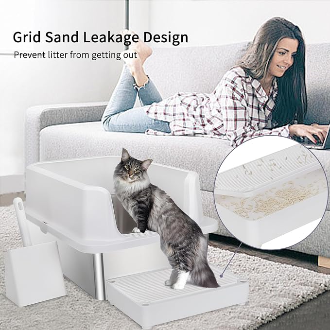 RIZZARI Stainless Steel Litter Box: Large White Open Top Design with Odor-Resistant Steel & High Walls - Leakproof & Durable Teflon Coating- Ideal for Multiple Cats - Living Room Balcony Use