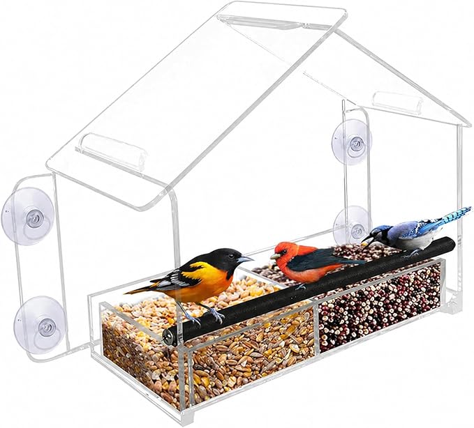 Nature Gear Window Bird Feeder with Strong Suction Cups, Clear Acrylic Window Mounted Bird Feeder, Removable Sliding Tray, Weather-Resistant, Durable, Squirrel-Resistant, Home Style
