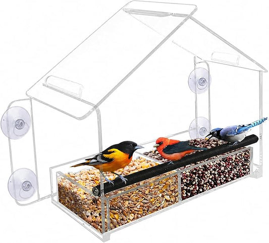 Nature Gear Window Bird Feeder with Strong Suction Cups, Clear Acrylic Window Mounted Bird Feeder, Removable Sliding Tray, Weather-Resistant, Durable, Squirrel-Resistant, Home Style