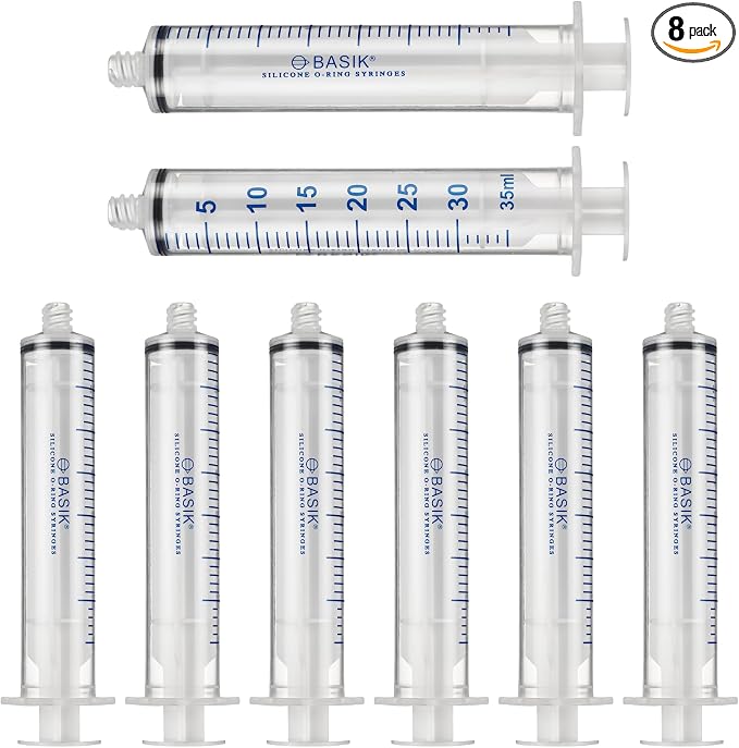 BASIK 35cc Silicone O Ring Style ENFit Feeding Syringe With Caps Individually Wrapped 8/Pack Reusable - This is only compatible with an ENFit connection. Confirm that you use ENFit before ordering.