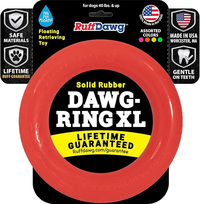Ruff Dawg Indestructible Dawg-Ring XL 8” Orange – Heavy-Duty Solid Rubber Tug & Fetch Toy for Dogs 40 lbs & Up – Floats & Bounces – Made in USA