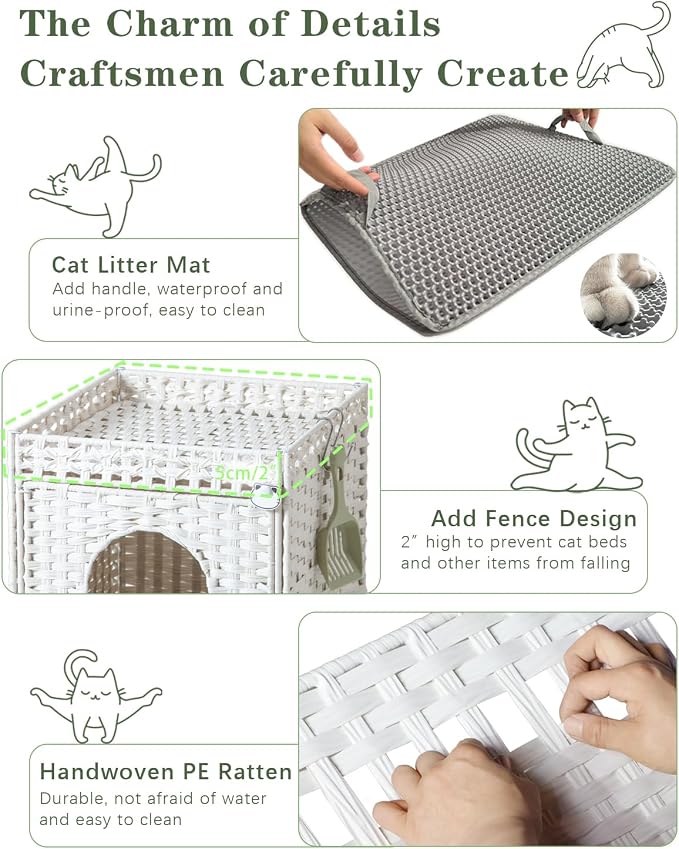 SETVSON Cat Litter Box Enclosure Furniture, Hidden Litter Box with Mat and Fence, Handwoven Rattan Cat House with Two S-Shaped Hooks for Living Room, Bedroom, 18.5 x 20.5 x 19.1 Inches (White