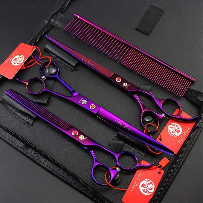 Purple Dragon 8.0" Titanium Multicolor Professional Pet Grooming Scissors Set,Straight & Thinning & Curved Scissors Shear with Bag for Dog Cat Grooming