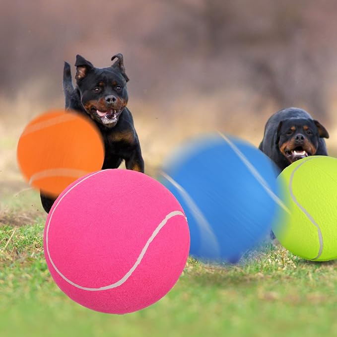 Leyndo 4 Pcs Inflatable Giant Tennis/Soccer Balls for Dogs with Pump Needle 9.5 Inch Jumbo Rubber Outdoor Indoor Interactive Large Dog Ball for Pet Training(Multicolor,Tennis)