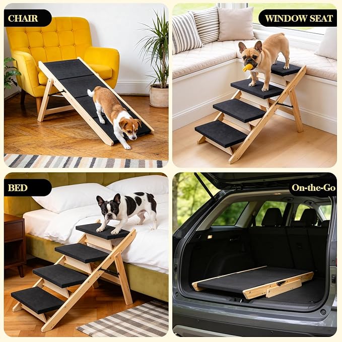 BRIKY 2-in-1 Dog Stairs/Ramp with 4 Steps, Foldable Dog Stairs for High Beds Cars Couch, Durable Wooden Pet Stairs for Small Medium Large Dogs, No Assembly Required