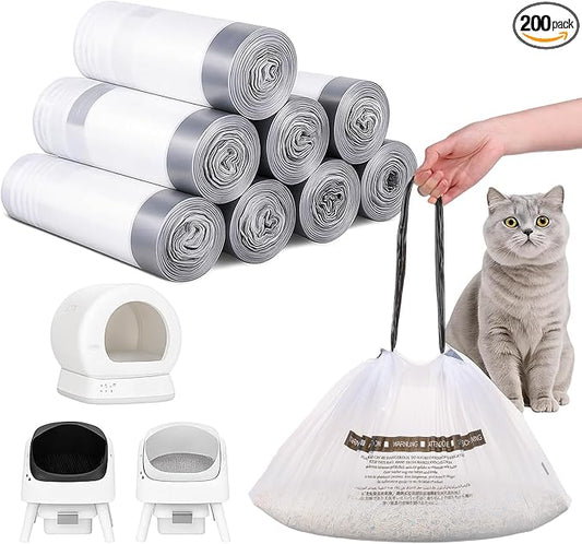 200 Count Cat Litter Box Liners Bags for Self Cleaning Automatic Litter Box 22.5 x 12.2" Drawstring Heavy Duty Pet Receptacles Bags Bulk 1.57 Mil Thick Tear Resistant Leak Proof Waste Liners