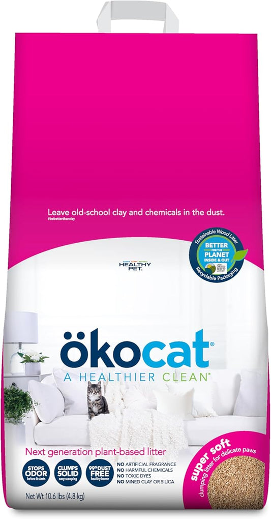 ökocat Super Soft Wood Unscented Clumping Cat Litter, 10.6 Pounds - Natural Ingredients, Stops Odor, Clumps Solid, 99% Dust Free, Great for All Cats, Sensitive Paws, Kittens