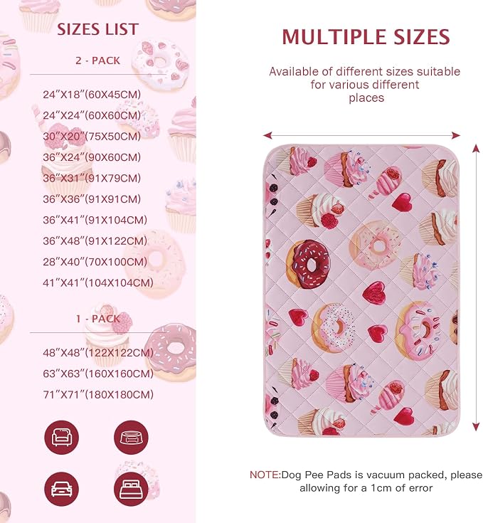 IEUUMLER Washable Pee Pads for Dogs, 1 Pack Cake Pattern Reusable Waterproof Puppy Potty Pads, Non-Slip Absorbent Pet Training Pads for Playpen Crate Bed EU015 Pink Cake, 48x48
