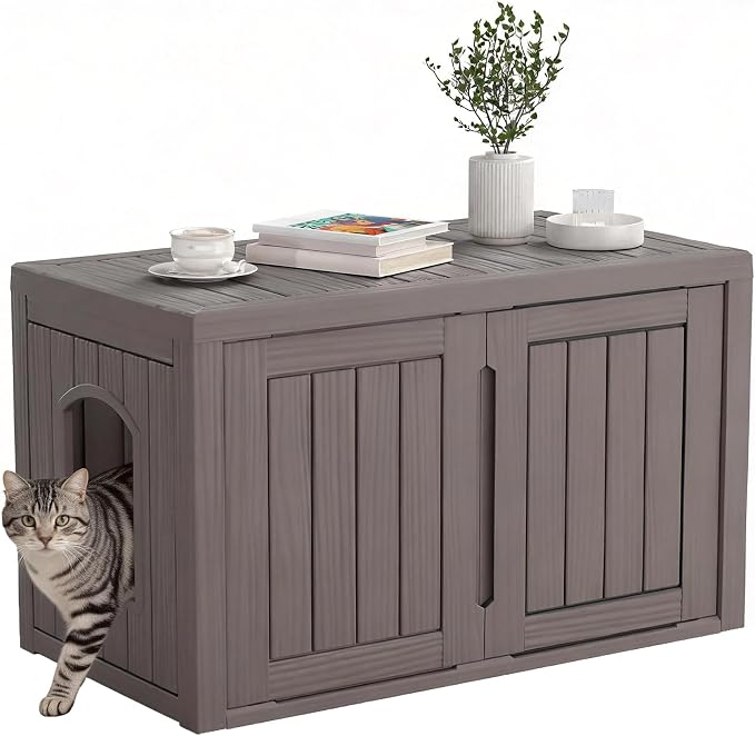 Cat Litter Box Enclosure, Hidden Enclosed Litter Box Furniture with Adjustable Partition, Multi-Functional Outdoor Cat House, Side Table, Easy to Clean, Dark Grey