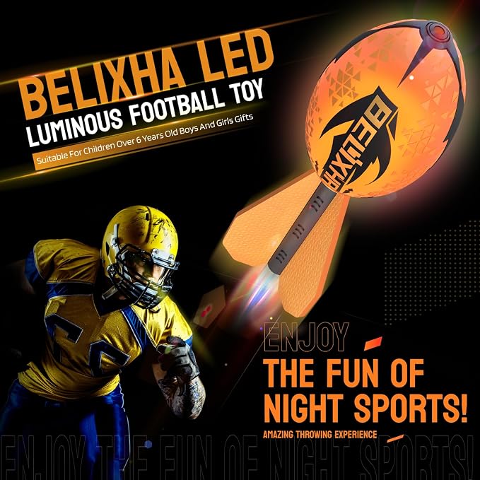 Glow in The Dark Football with Tail | Rechargeable Light Up Foam Ball for Kids 3+ | Motion-Activated LED Outdoor Toy for Night Backyard Games & Camping (Black)