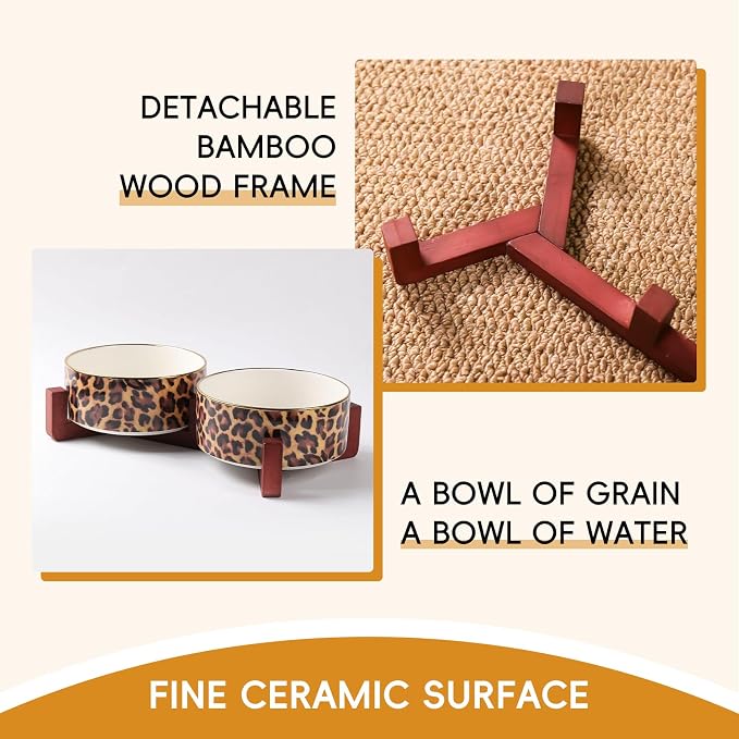 Dog Bowl Set with Wood Stand, Non-Slip Anti-Tip Elevated Design, Double Ceramic Animal Food Water Cat Bowls, Suitable for Large/Medium Sized Dog Pet Feeder Dish Station - 32 OZ, Leopard Print