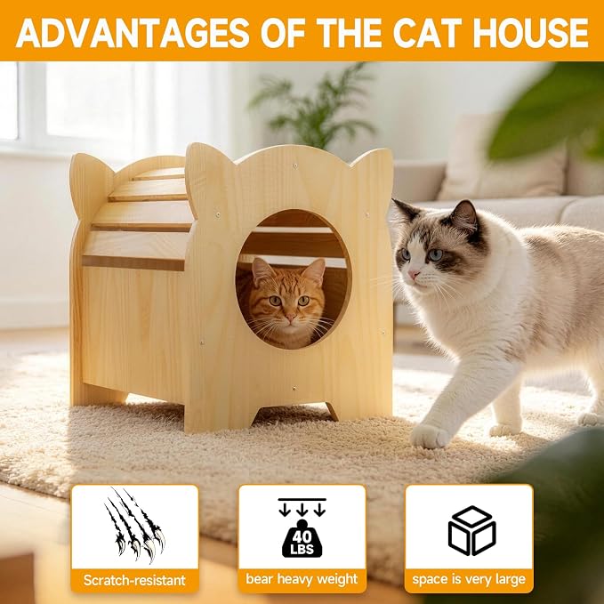 Indoor Solid Wood Cat House, Adorable Cat Head + Tunnel Design, Natural Wood Finish, Easy Assembly & Maintenance, Cozy Play Haven for Small Cats Kittens