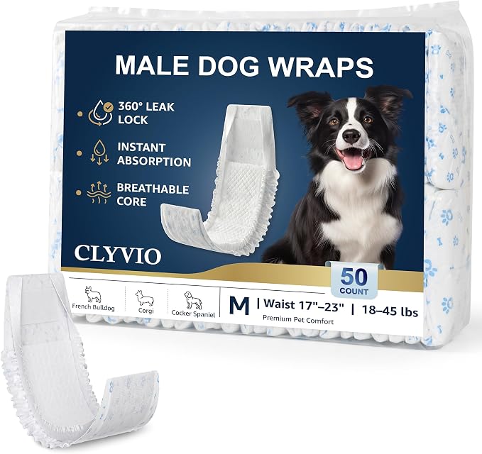 Dog Diapers Male Medium, Disposable Wraps Belly Band, 17-23", 50 Ct | 6-layer absorbent core · wetness indicator · soft breathable fit · extra absorbent · for marking, senior care & recovery