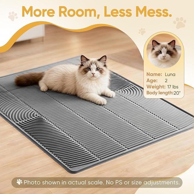TRZZ XXL Extra Large Cat Litter Mat, Silicone Litter Box Mat for Floor, Waterproof & Non-Slip, Easy to Clean, Cat Litter Trapping Mat & Kitty Litter Catcher for Scatter Control (Light Gray)