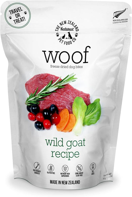 The New Zealand Natural Pet Food Co. Woof Freeze Dried Dog Food - Wild Goat Recipe, High Protein, Complete Diet, Dog Treats, All Life Stages - 1.76 oz