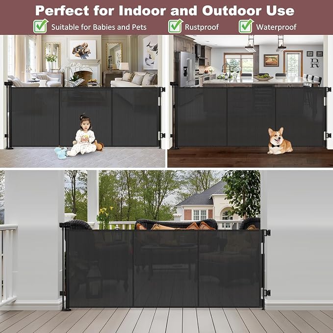 Reinforced 41 Inch Extra Tall Retractable Baby Gates 80" Wide Retractable Dog Gate with Support Rods – Prevents Crawling Under, Indoor Long Baby Gate Retractable Gate Outdoor Extra Tall Dog Gate/Black
