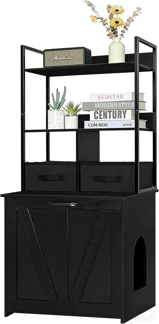 Dwanton Litter Box Enclosure with 2 Storage Shelves and 2 Drawers, 2-in-1 Hidden Cat Litter Box Enclosure Furniture with Shelf, Reversible Entrance, Washable Drawers, 50-Inch, Black