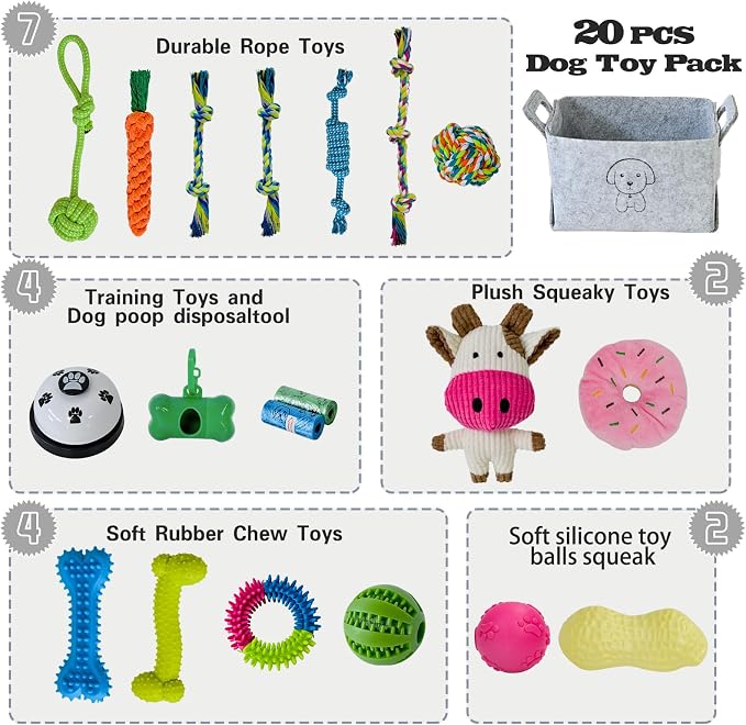 MRSOHRET 20Pcs Puppy Chew Toys for Teething, Dog Chew Toys with Rope Toy, Pet Dog Toothbrush, Treat Balls, Plush Toys and Squeaky Toys for Small Medium Dogs with Basket