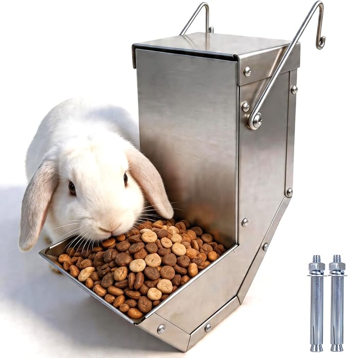 Rabbit Feeder - Small Animal Stainless Steel Gravity Feeding Trough with Lid, Outdoor Durable Cage Feeder Holds Several Days' Food (4 Inch/1.5Lbs)