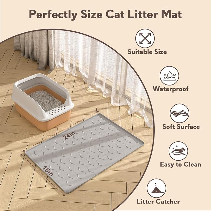 Garoopion Cat Litter Box Mat, Silicone Kitty Litter Mat, 24" X 16" Waterproof Silicone Pad for Floor, Light Gray