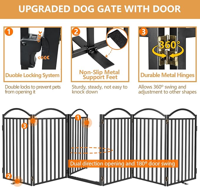 Malier Metal Freestanding Dog Gates with Door, 32'' Height Outdoor Indoor Dog Fences, Extra Wide Foldable Puppy Gate Free Standind Tall Pet Gate for Stairs, Hallways, Doorways, Yard (Black 6 Panels)