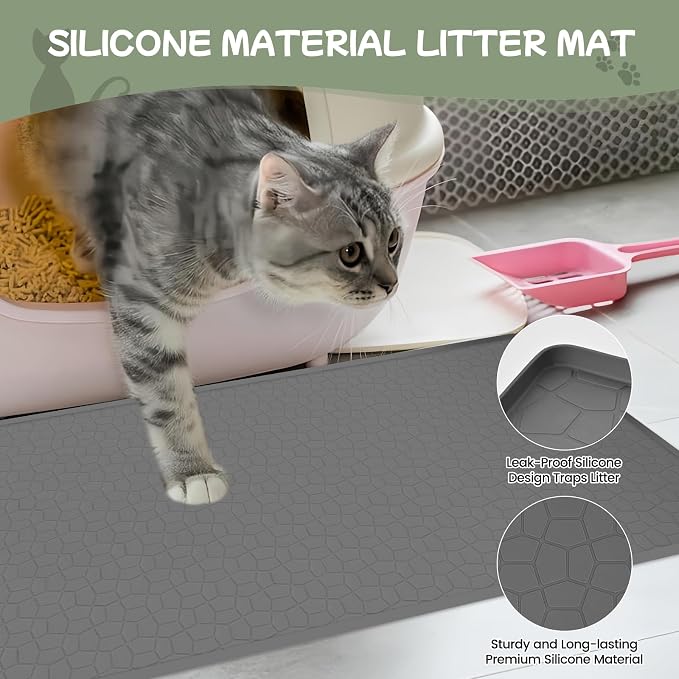 Homegroove 2Pcs Silicone Cat Litter Box Mat, 34"x22" Large Litter Box Mat for Litter Trapping, Waterproof Kitty Litter Mat for Indoor Cats, Cat Litter Catcher Mat for Floor, Non-Slip, Easy to Clean