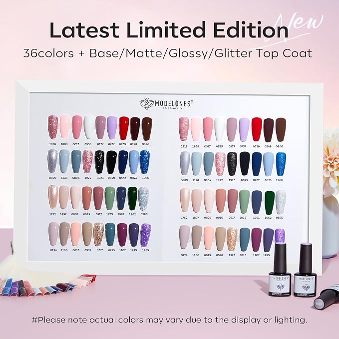 modelones 40 Pcs Gel Nail Polish Set, 36 Colors Fall Winter Nude Brown Burgundy Red Blue White Black Glitter Gel Polish Kit with Base Coat& Matte Glitter Glossy Top Coat Salon DIY LED Manicure Gift
