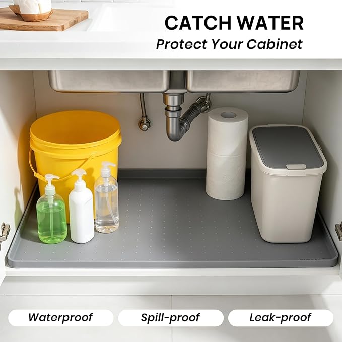 YINEYA Silicone Under Sink Mat Waterproof 24" x 16", Raised Edge Cabinet Liner, Dish Drying Mat for Kitchen Counter Protector, BPA-Free Pet Feeding Mat, Multifunctional Silicone Mat (Gray)