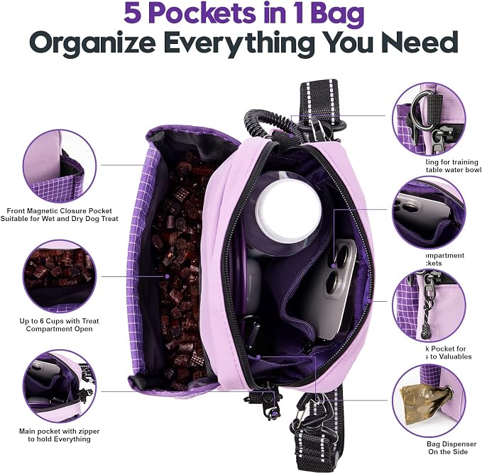 Dog Training Treat Pouch, Magnetic Dog Treat Fanny Pack for Walking, Crossbody Dog Walking Bag with Poop Bag Dispenser, Clicker & Collapsible Bowl - Purple