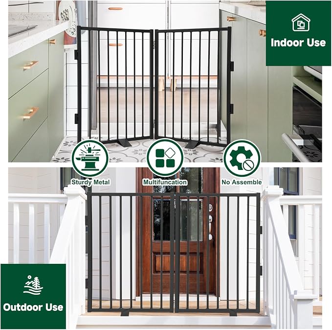 Snagle Paw Full Metal Freestanding Dog Gate,Indoor Pet Gate with Floor Protect Support Feet, 40x32Inches Foldable Dog Fence for Stairs, Hallways and Doorways (32'' H 2 Panel, Black