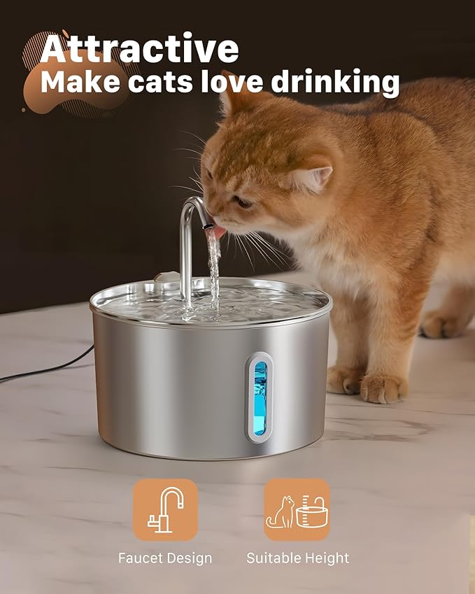 Cat Water Fountain Stainless Steel with 12 Set Cat Water Fountain Filters - 12 Carbon Filters & 12 Foam Filters