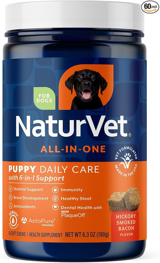 NaturVet All-In-One Puppy Daily Care, 6-In-1 Support Dog Soft Chews to Help Bones, Joints, Digestion, Teeth, Cognition, and More, Hickory Smoked Bacon Flavored Pet Supplement for Puppies, 60 Count Jar