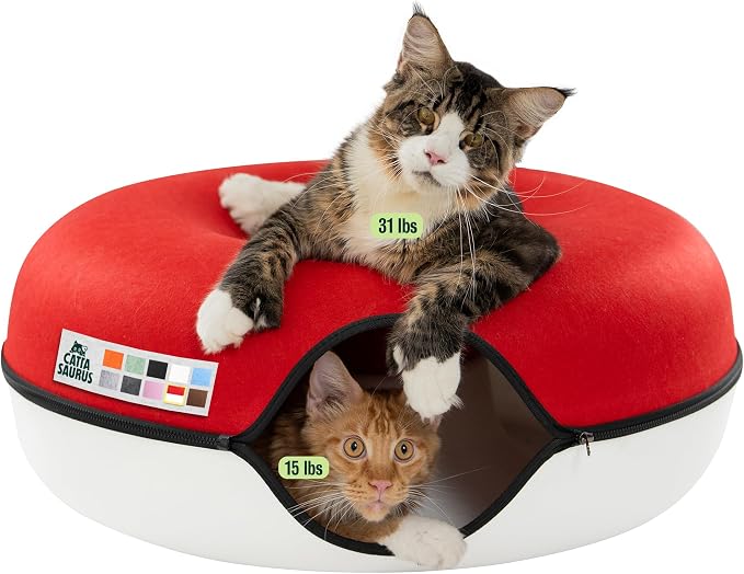 Cattasaurus Peekaboo Cat Cave, Extra Spacious for Multiple & Large Cats 12+ lbs, Scratch Detachable Cat Beds for Indoor Cats, Washable Tunnel Bed, Comfy Donut Tunnel (Ruby Snowball, Jumbo)