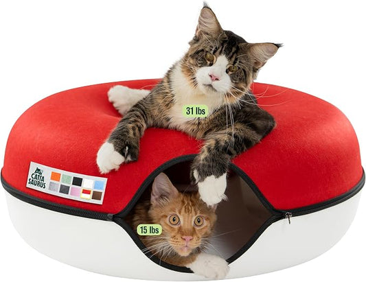 Cattasaurus Peekaboo Cat Cave, Extra Spacious for Multiple & Large Cats 12+ lbs, Scratch Detachable Cat Beds for Indoor Cats, Washable Tunnel Bed, Comfy Donut Tunnel (Ruby Snowball, Jumbo)