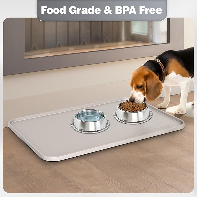 Silicone Dog & Cat Food Mat with Raised Edge, 24"x16" Extra Thick Waterproof Non-Slip Pet Feeding for Food and Water Bowls, Spill Proof Mat to Protect Floors, BPA Free Dishwasher-Safe,Beige Gray