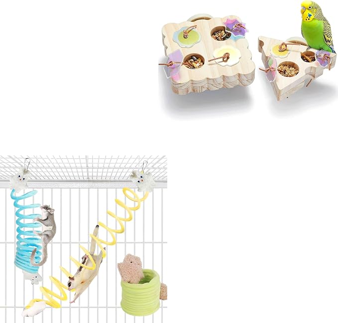 Small Pet Activity Set - 2pc Wooden Bird Foraging Toys and 3pc Sugar Glider Climbing Ropes for Cage Enrichment Green Blue Yellow