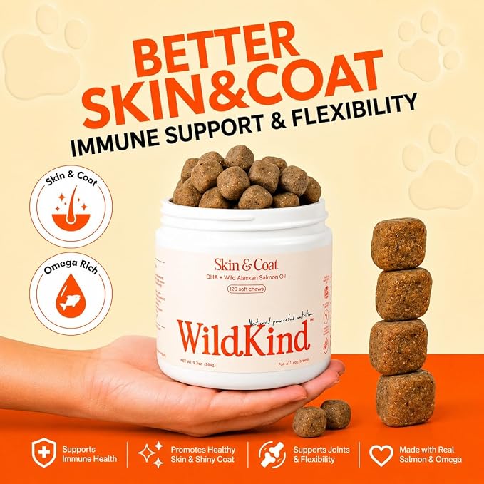 WildKind Dog Allergy Chews for Dogs – Wild Alaskan Salmon Oil for Dogs, Dog Itch Relief, Skin & Coat Supplement for Dogs, Shedding Control, Digestive & Immune Health Support, 120 Soft Chews