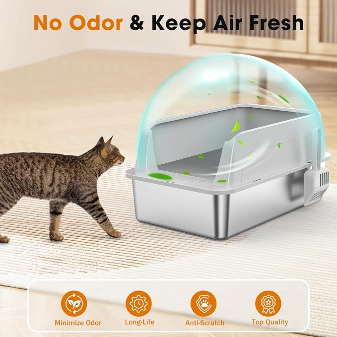 2PACK Stainless Steel Litter Box, Extra Large Litter Boxes for Big Cats, XL Metal Cat Litter Box with Lid High Sides, Anti-Urine Leakage, Non-Sticky, Scoop Included